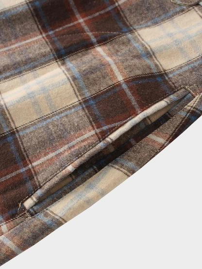 Plaid Button Down A-Line Skirt-Ivory/Tan/Brown