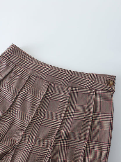 Top Stitched Pleated Skirt-Brown Plaid