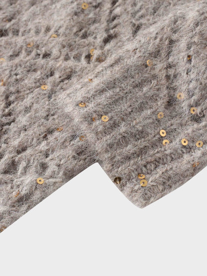 Open Crochet Knit Sequin Sweater-Tan