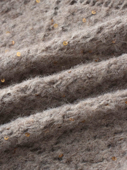 Open Crochet Knit Sequin Sweater-Tan
