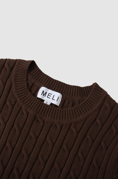 Crew Neck Cable Sweater-Brown