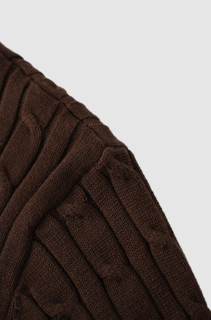 Crew Neck Cable Sweater-Brown