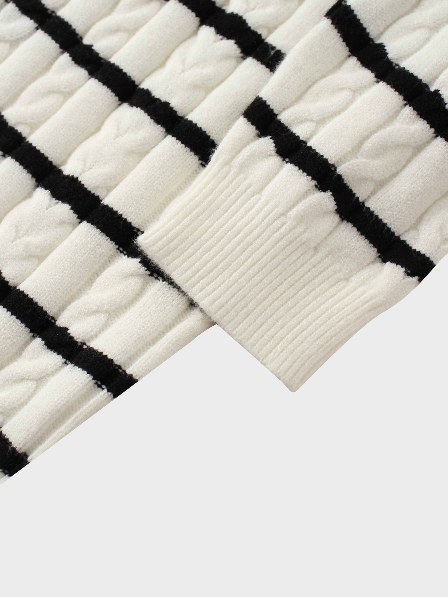 Shawl Snap Collar Striped Cable Sweater-Cream/Black