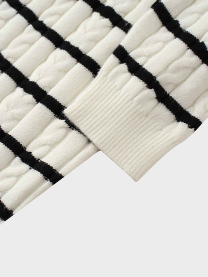 Shawl Snap Collar Striped Cable Sweater-Cream/Black