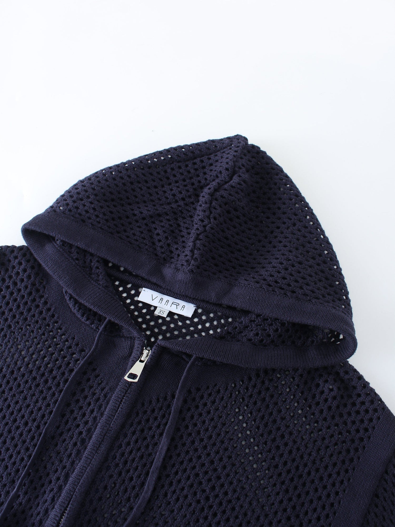 Zip Up Crochet Hoodie-Navy