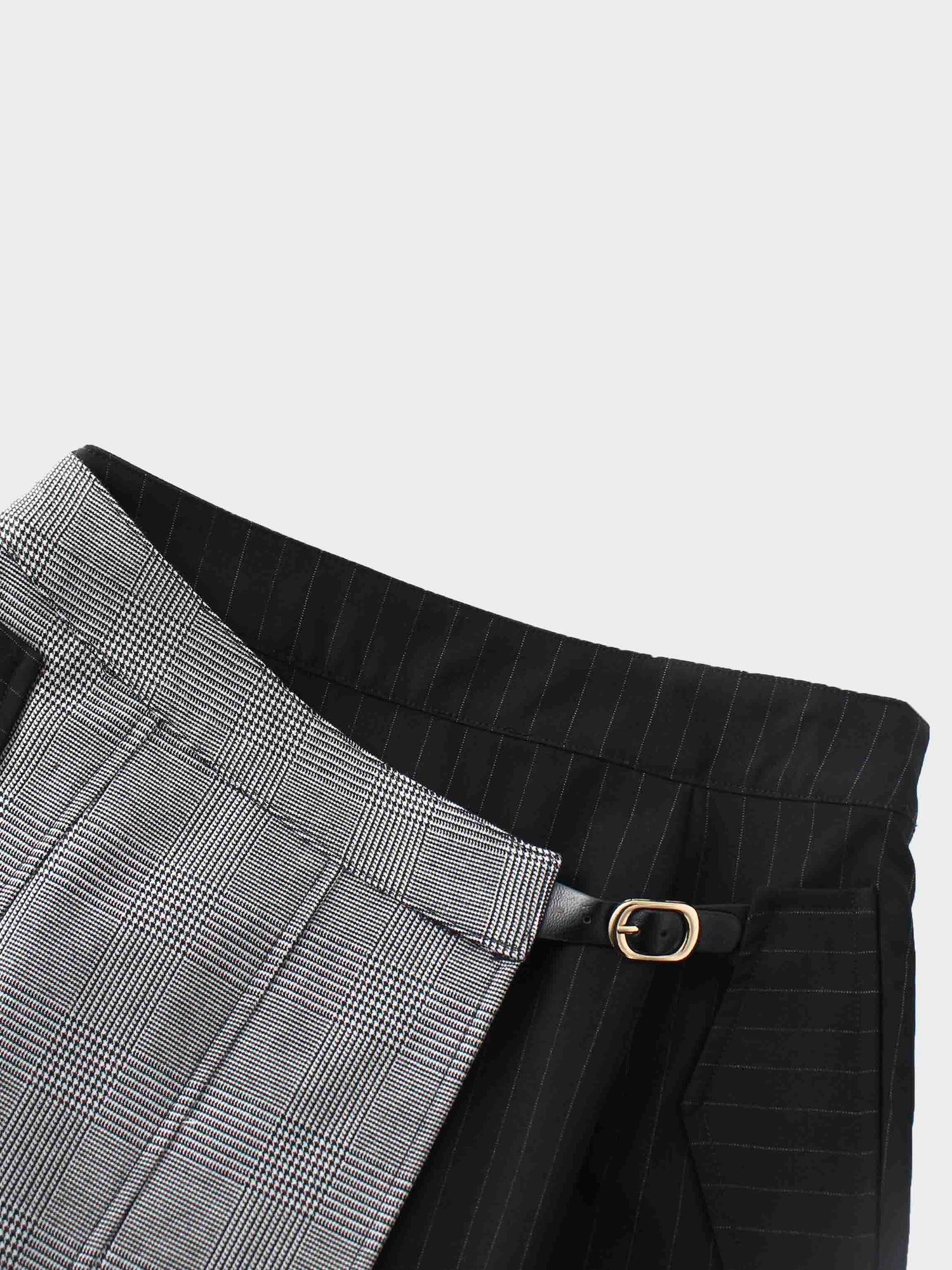 Faux Wrap Pleated Front Buckle Skirt-Pinstripe/Plaid