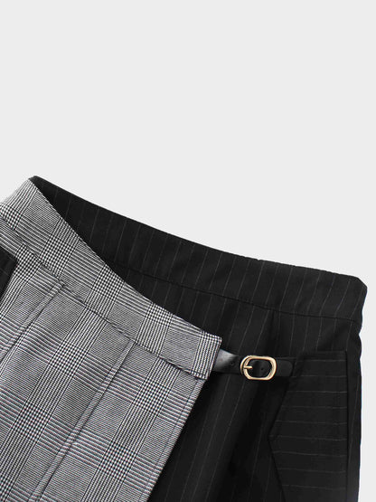 Faux Wrap Pleated Front Buckle Skirt-Pinstripe/Plaid