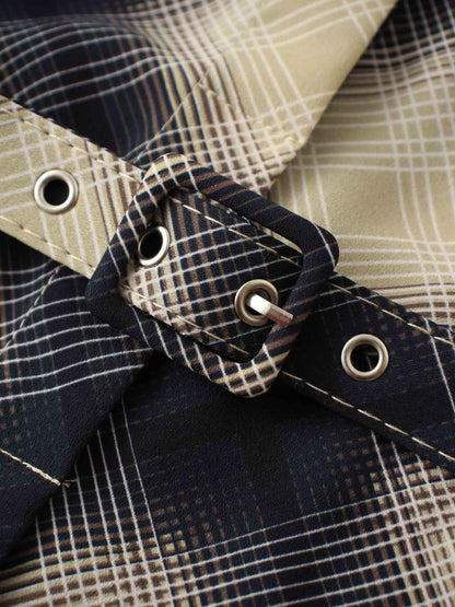 Basic Belted A-Line Dress-Black/White Plaid