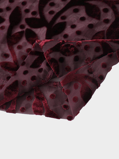 Waisted Yoke Dress-Burgundy Velvet Leaves