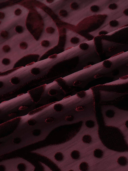 Waisted Yoke Dress-Burgundy Velvet Leaves
