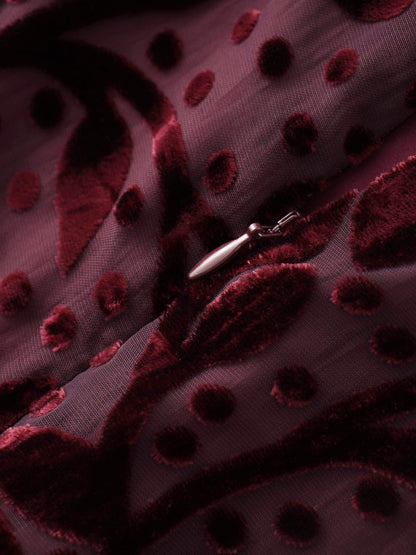 Waisted Yoke Dress-Burgundy Velvet Leaves