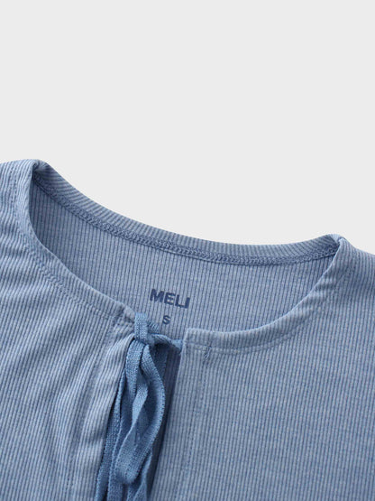 Ribbed Crop Bow Cardigan-Heathered Blue
