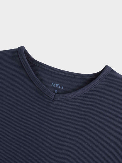RIBBED HIGH V TEE LS-DENIM BLUE
