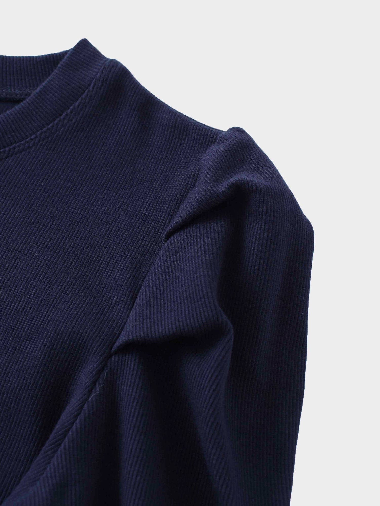 Ribbed Crew Neck Puff Sleeve Top-Navy