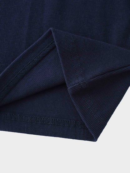 Ribbed Crew Neck Puff Sleeve Top-Navy