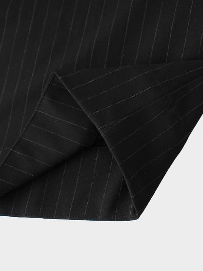 Pleat Waist Pinstripe Button Down Dress-Black