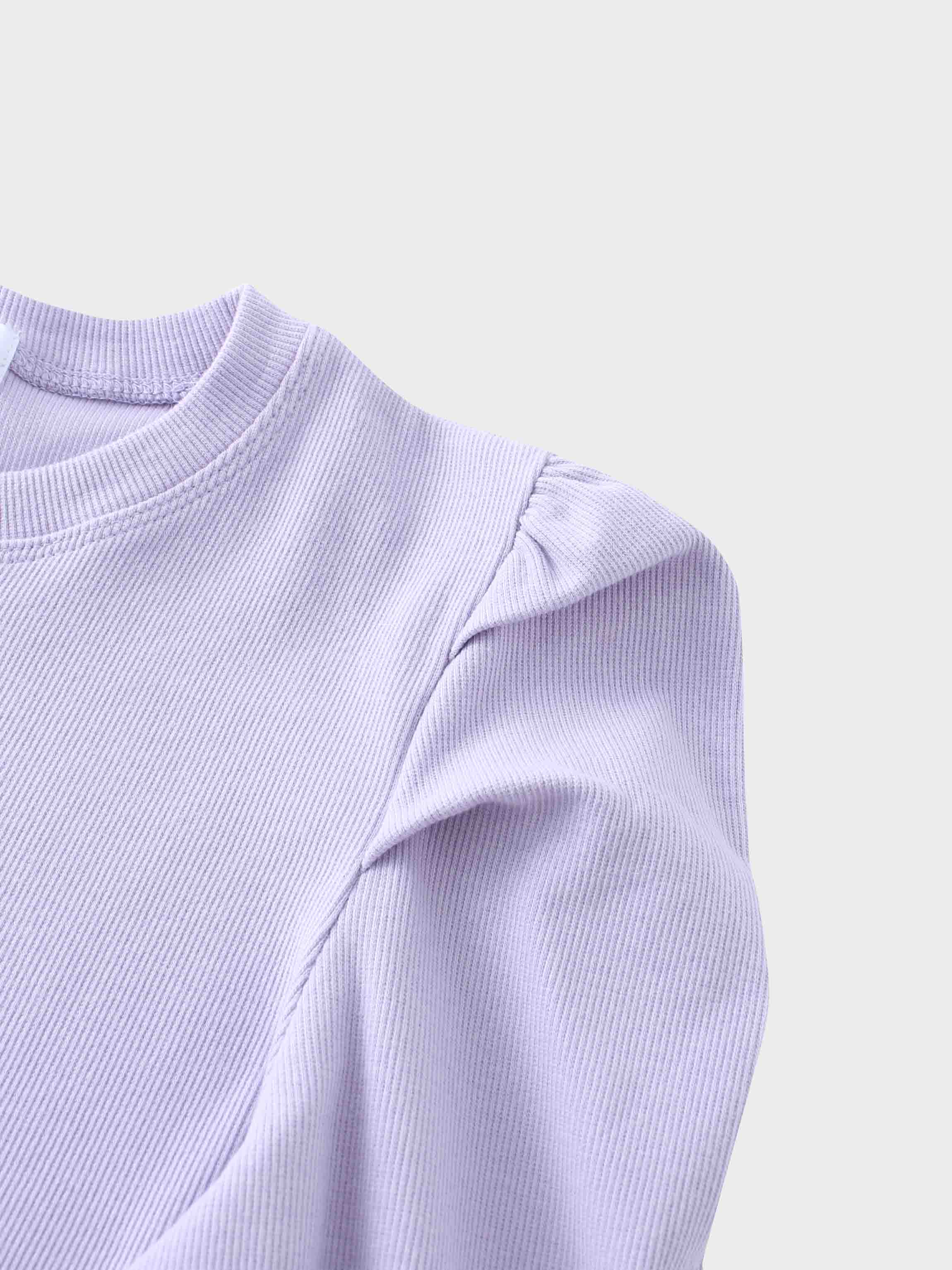 Ribbed Crew Neck Puff Sleeve Top-Lavender