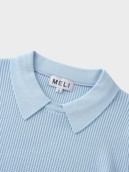 Waffle Collared Sweater-Light Blue