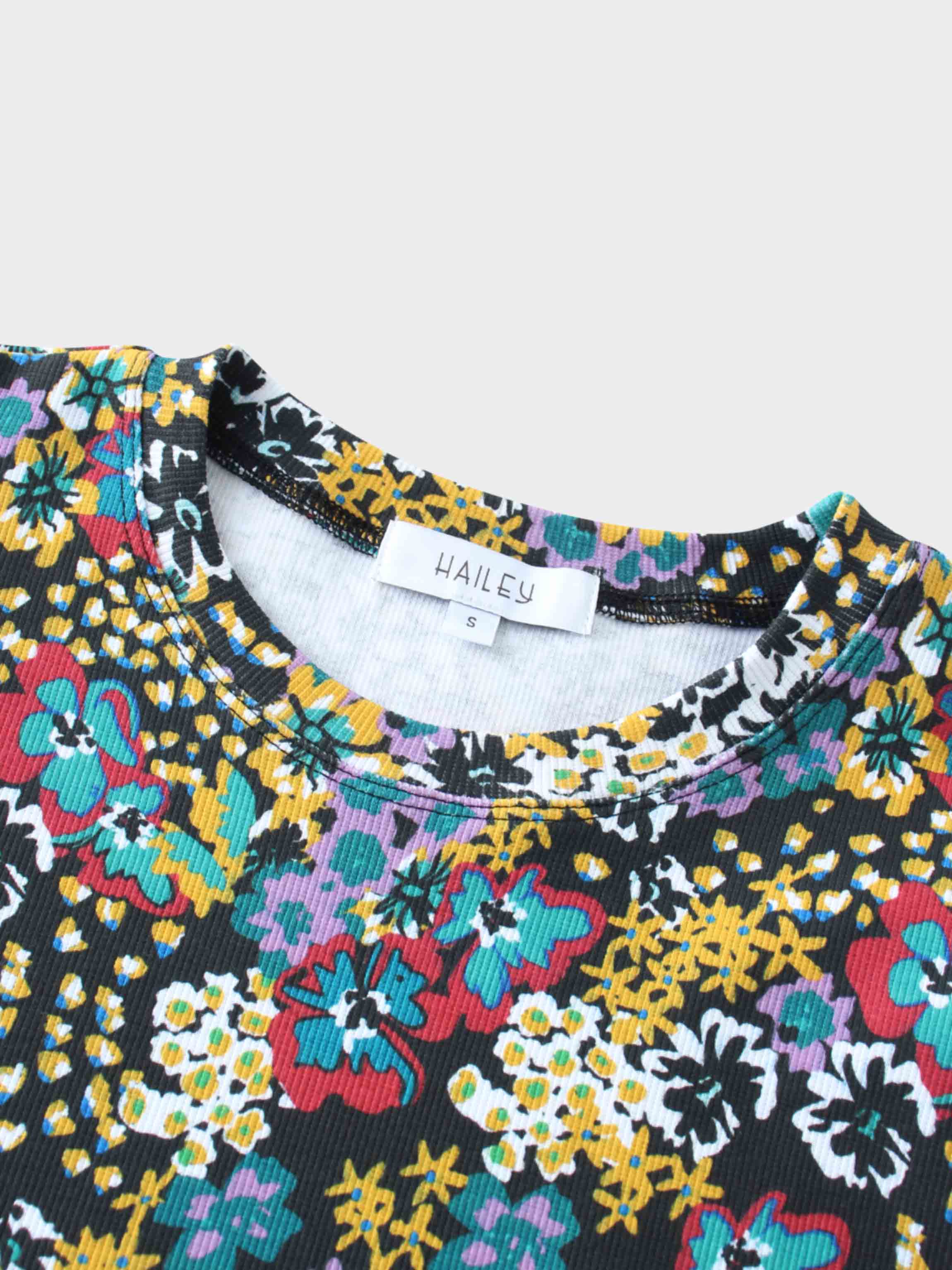 Ribbed Crew Neck Puff Sleeve Top-Colored Floral