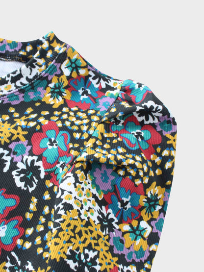 Ribbed Crew Neck Puff Sleeve Top-Colored Floral