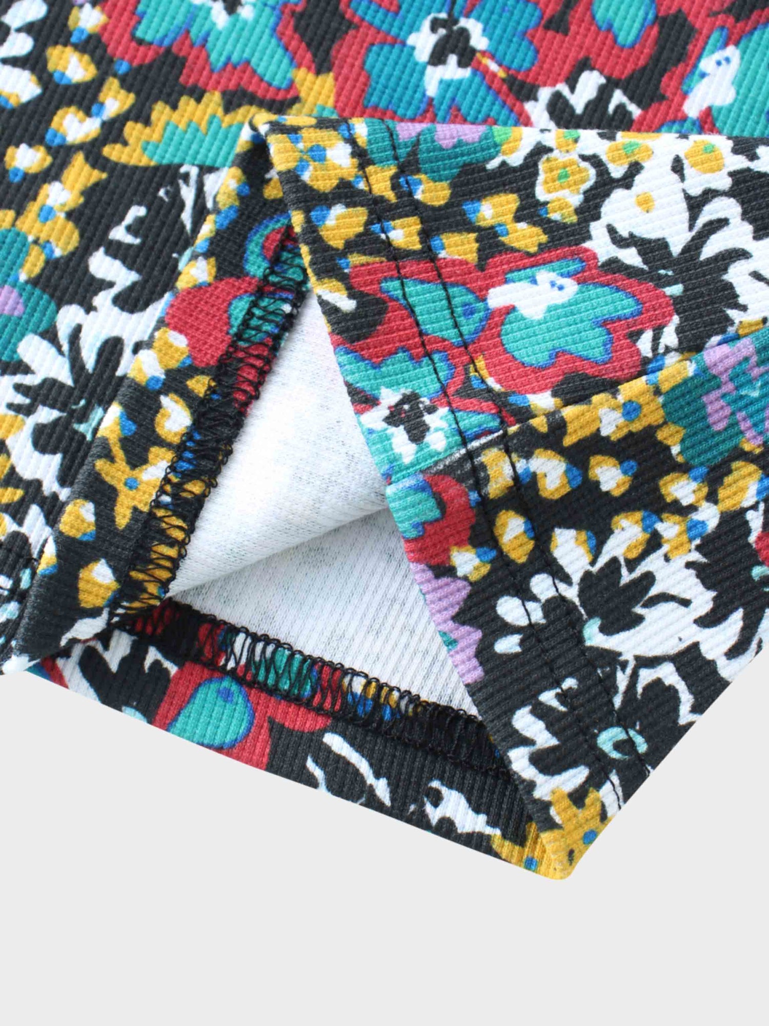 Ribbed Crew Neck Puff Sleeve Top-Colored Floral