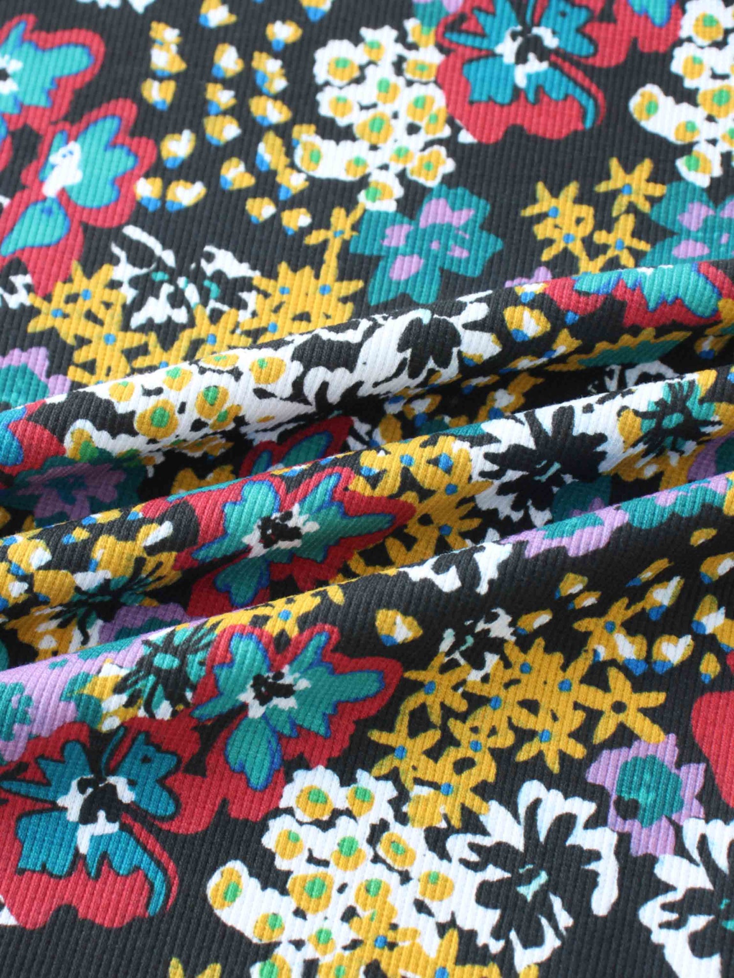 Ribbed Crew Neck Puff Sleeve Top-Colored Floral