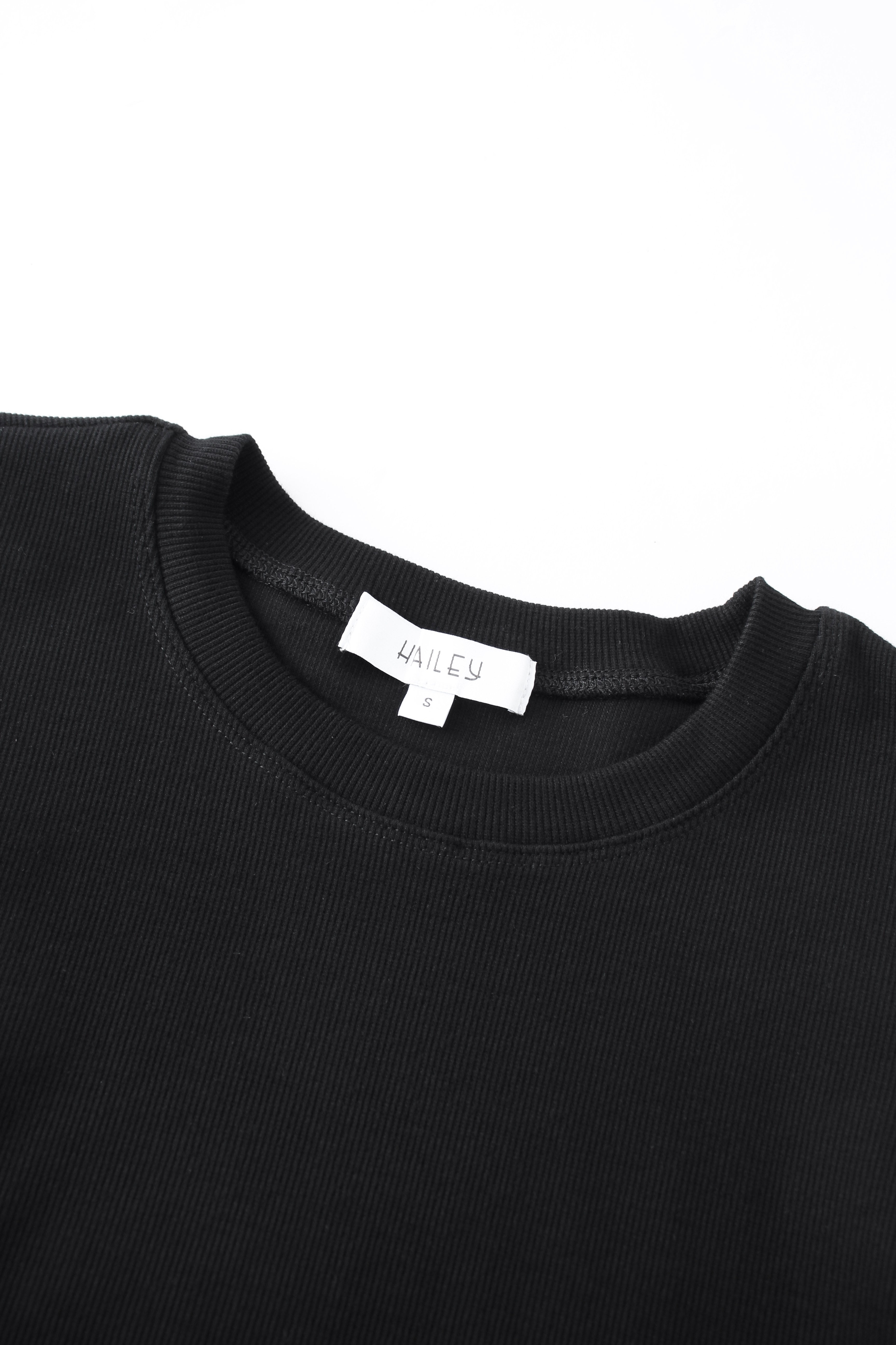 Ribbed Crew Neck Puff Sleeve Top-Black
