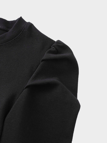 Ribbed Crew Neck Puff Sleeve Top-Black