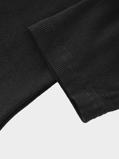 Ribbed Crew Neck Puff Sleeve Top-Black