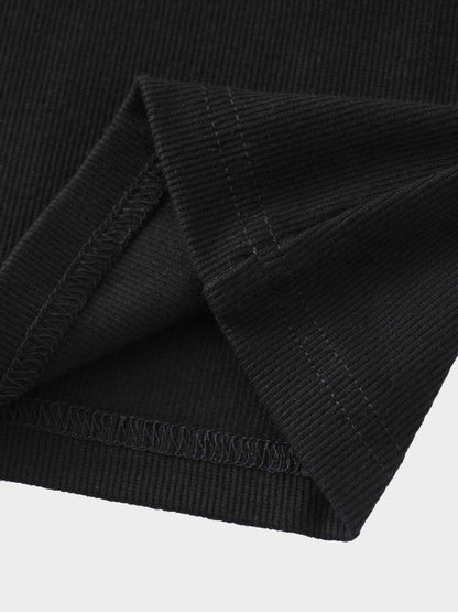 Ribbed Crew Neck Puff Sleeve Top-Black