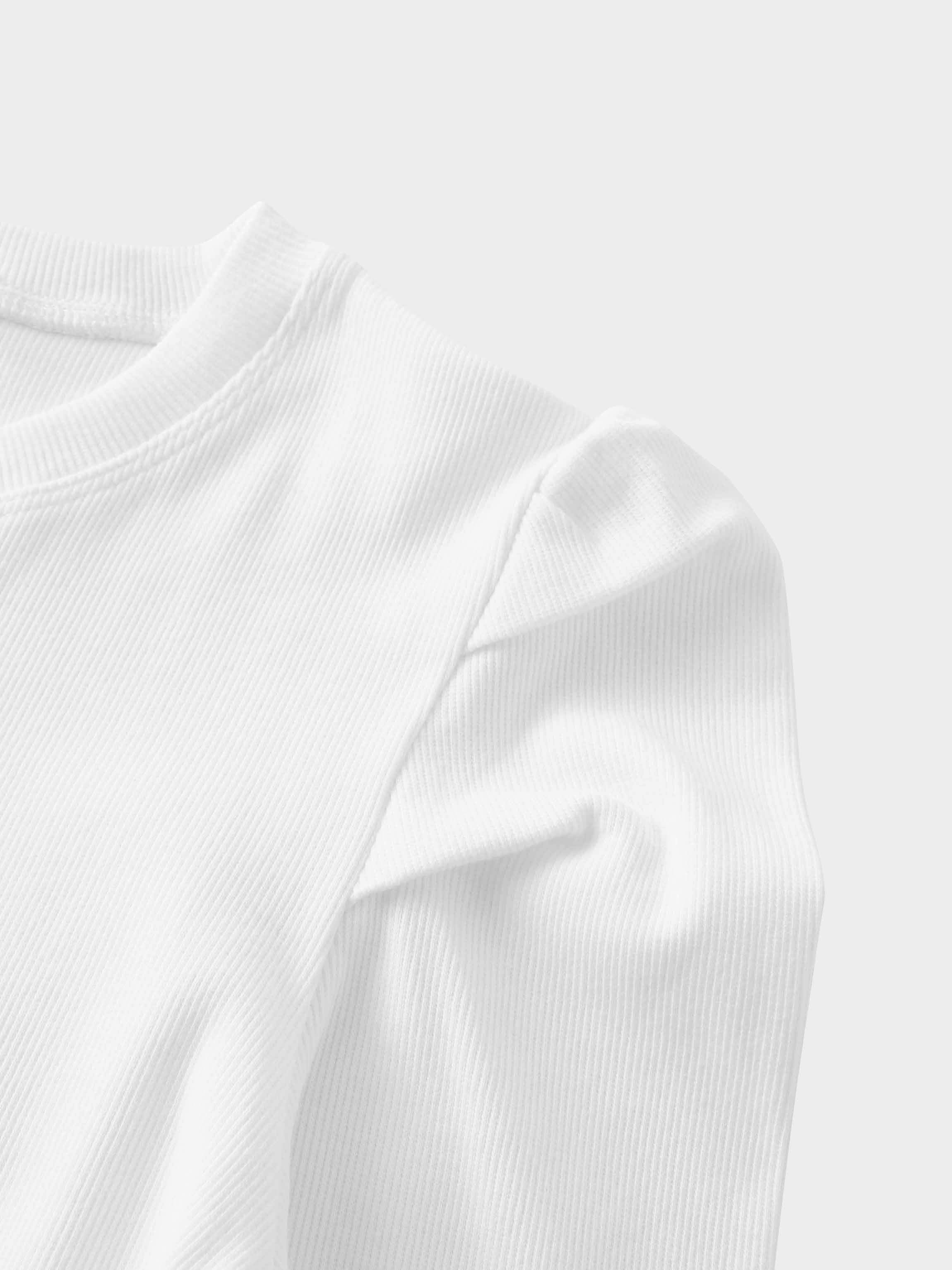 Ribbed Crew Neck Puff Sleeve Top-White