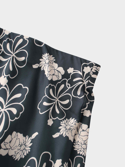 Printed Faux Satin Slip Skirt-Navy/Taupe Floral