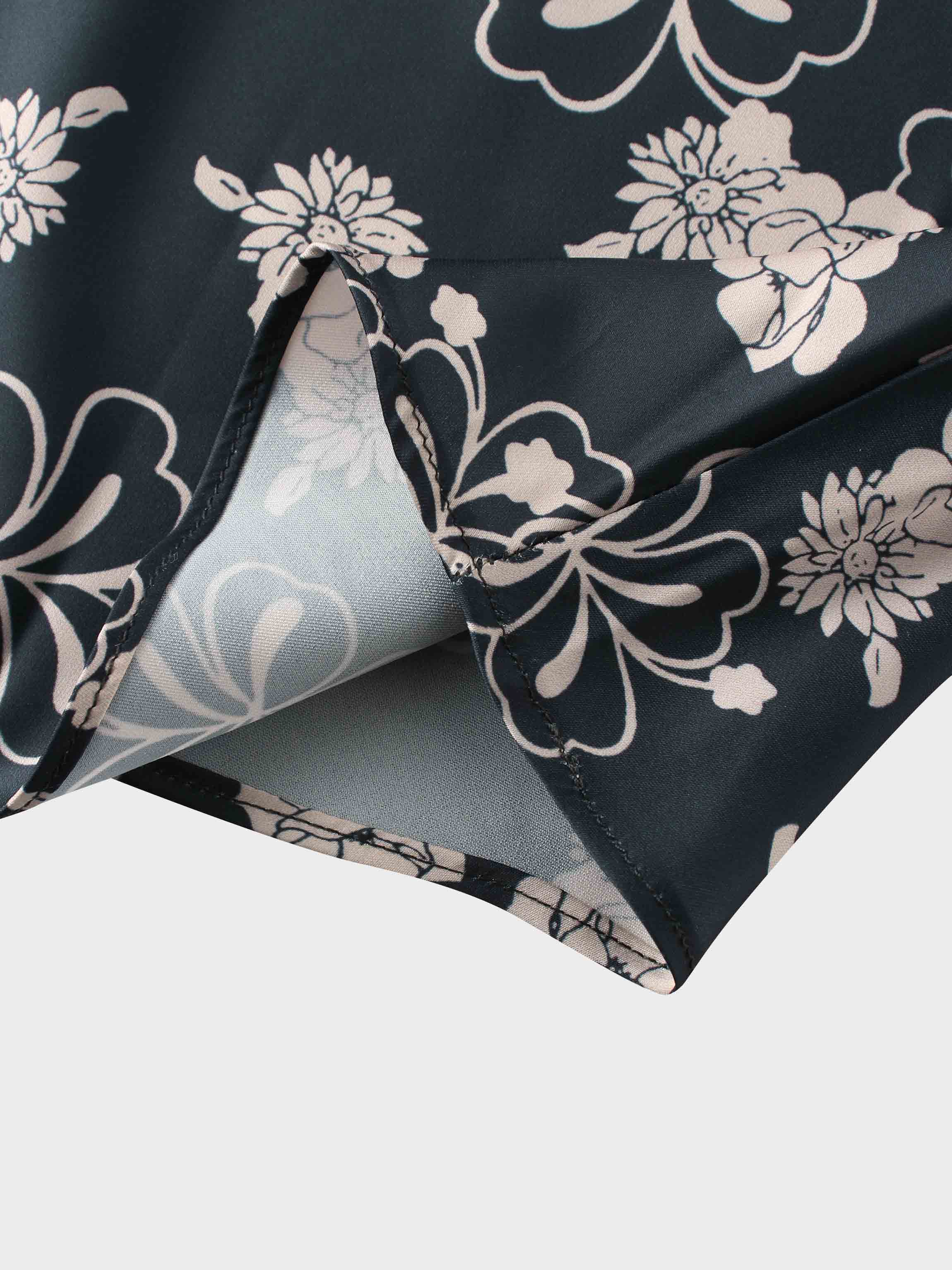 Printed Faux Satin Slip Skirt-Navy/Taupe Floral