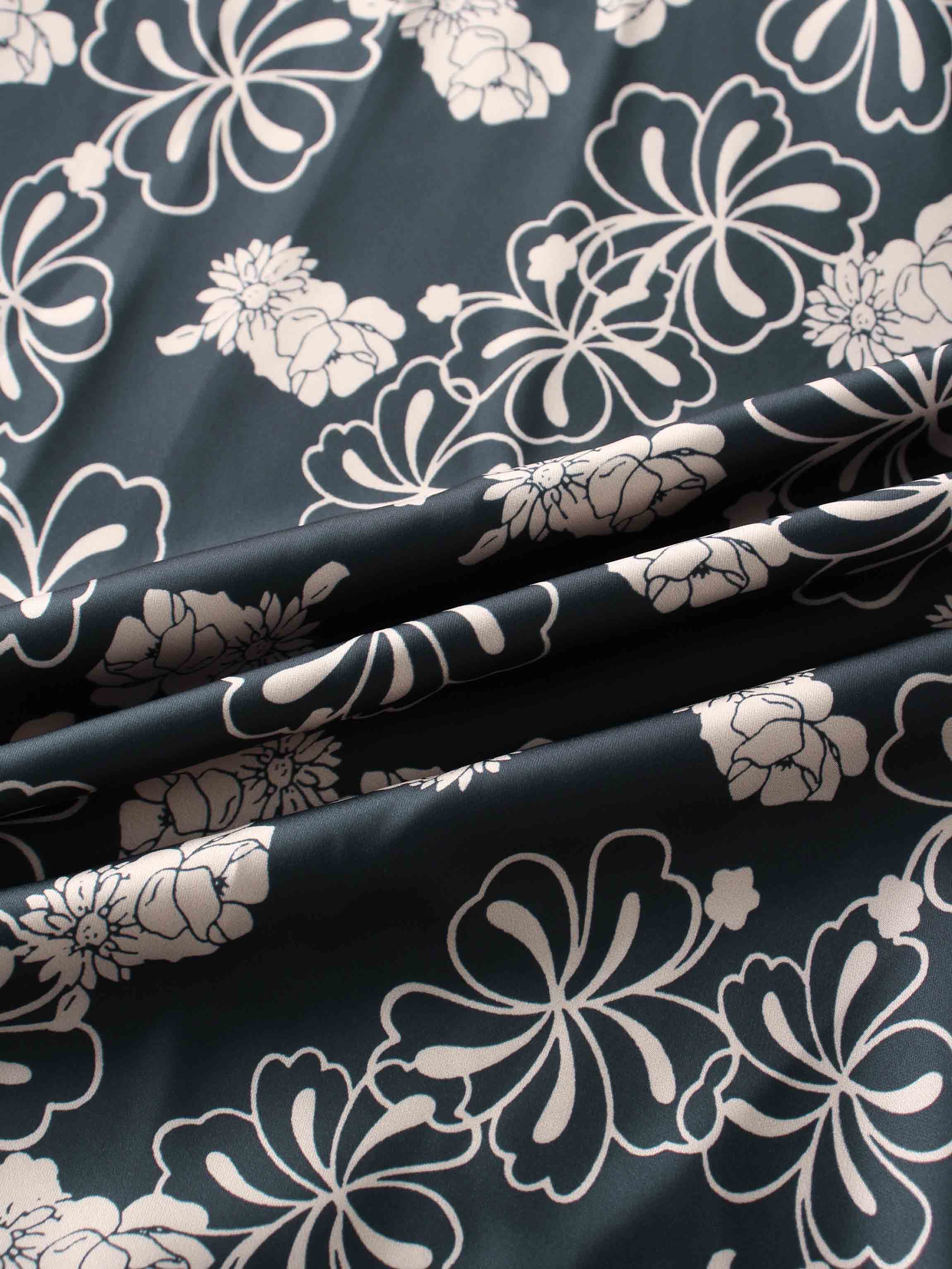 Printed Faux Satin Slip Skirt-Navy/Taupe Floral