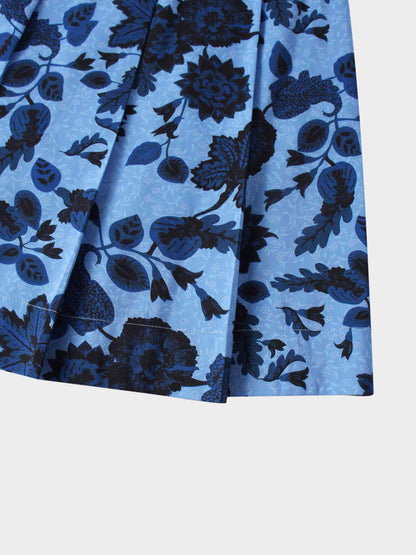 Printed Box Pleat Skirt-Blue Floral