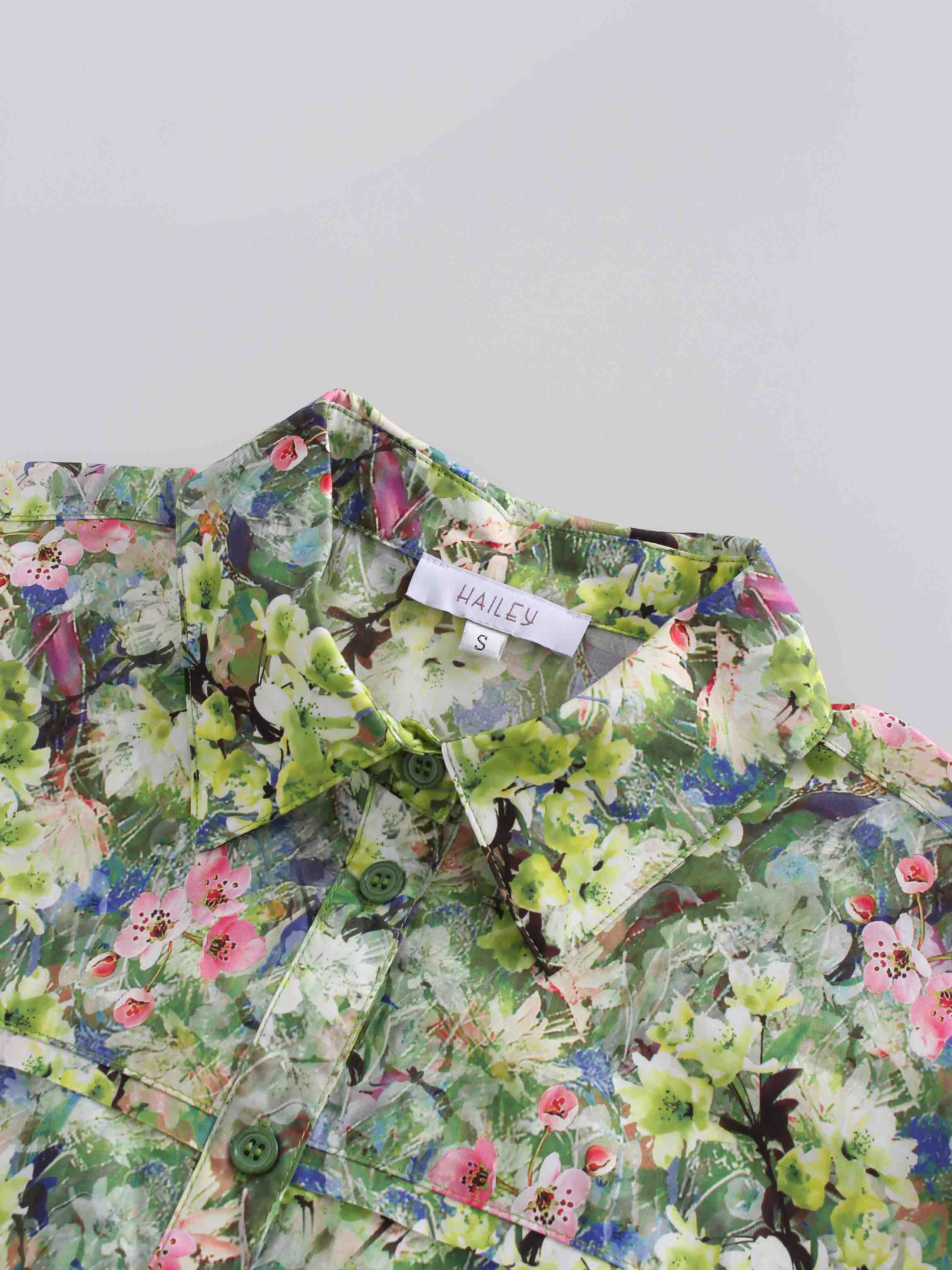 Rounded Hem Button Down Shirt-Green Garden