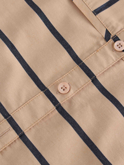 Rounded Hem Button Down Shirt-Tan/Black