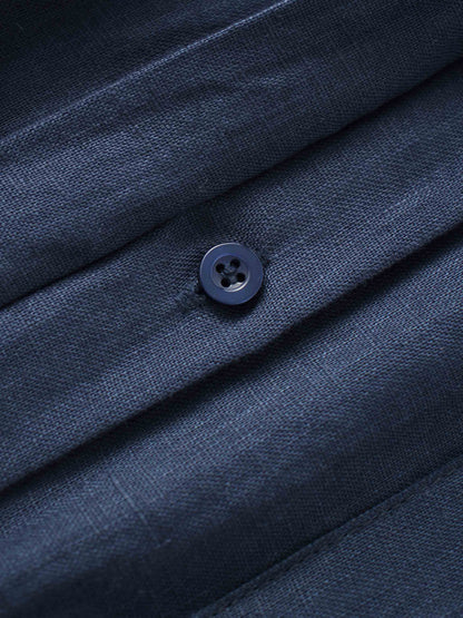 Drawstring Button Down Linen Top-Navy