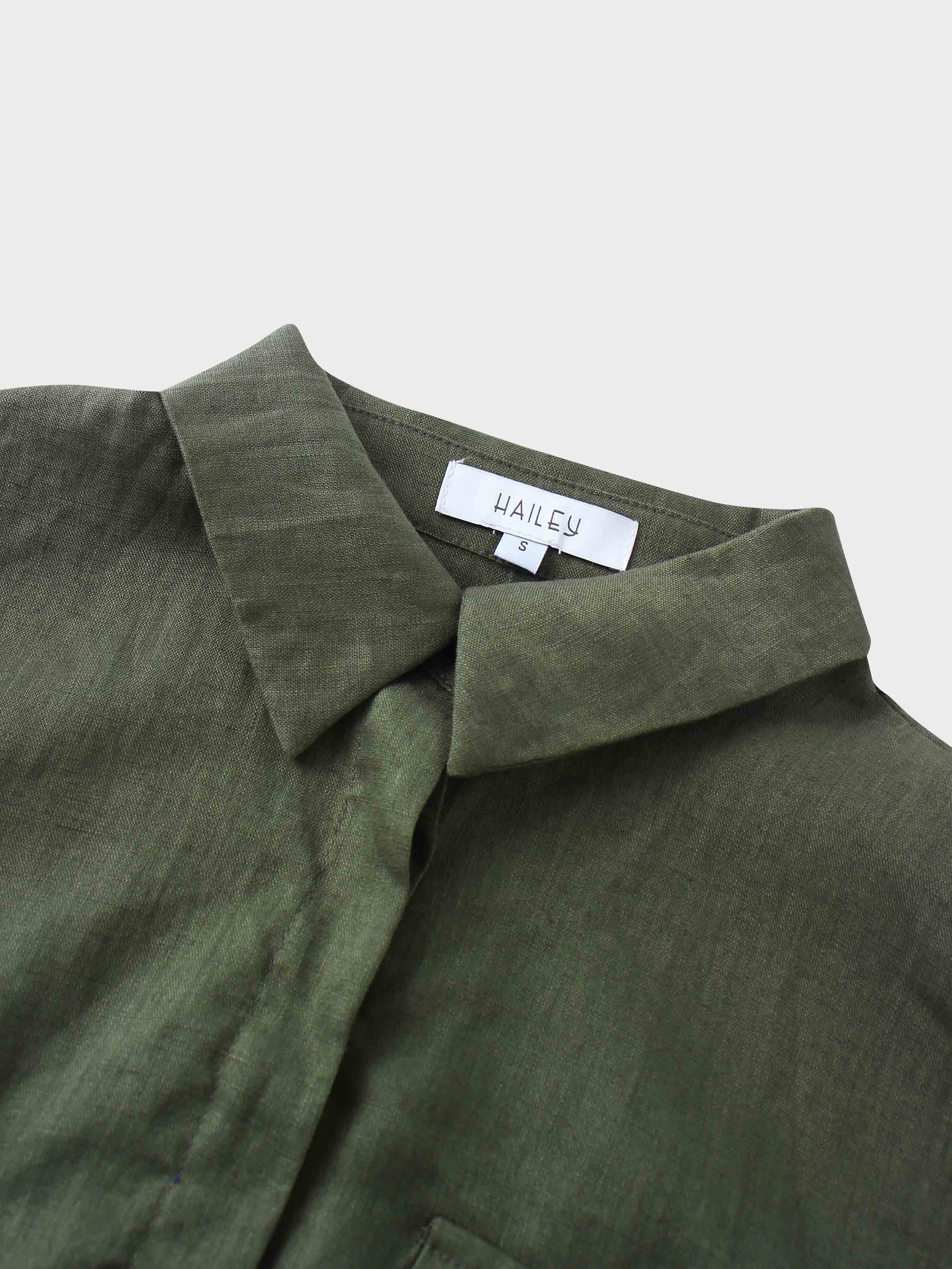 Drawstring Button Down Linen Top-Olive Green
