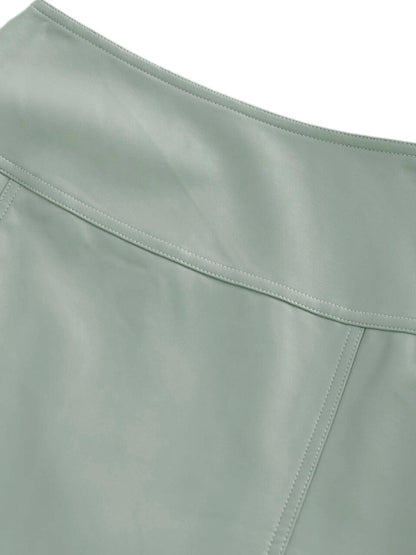 Leather Inverted Pleat Skirt-Seafoam