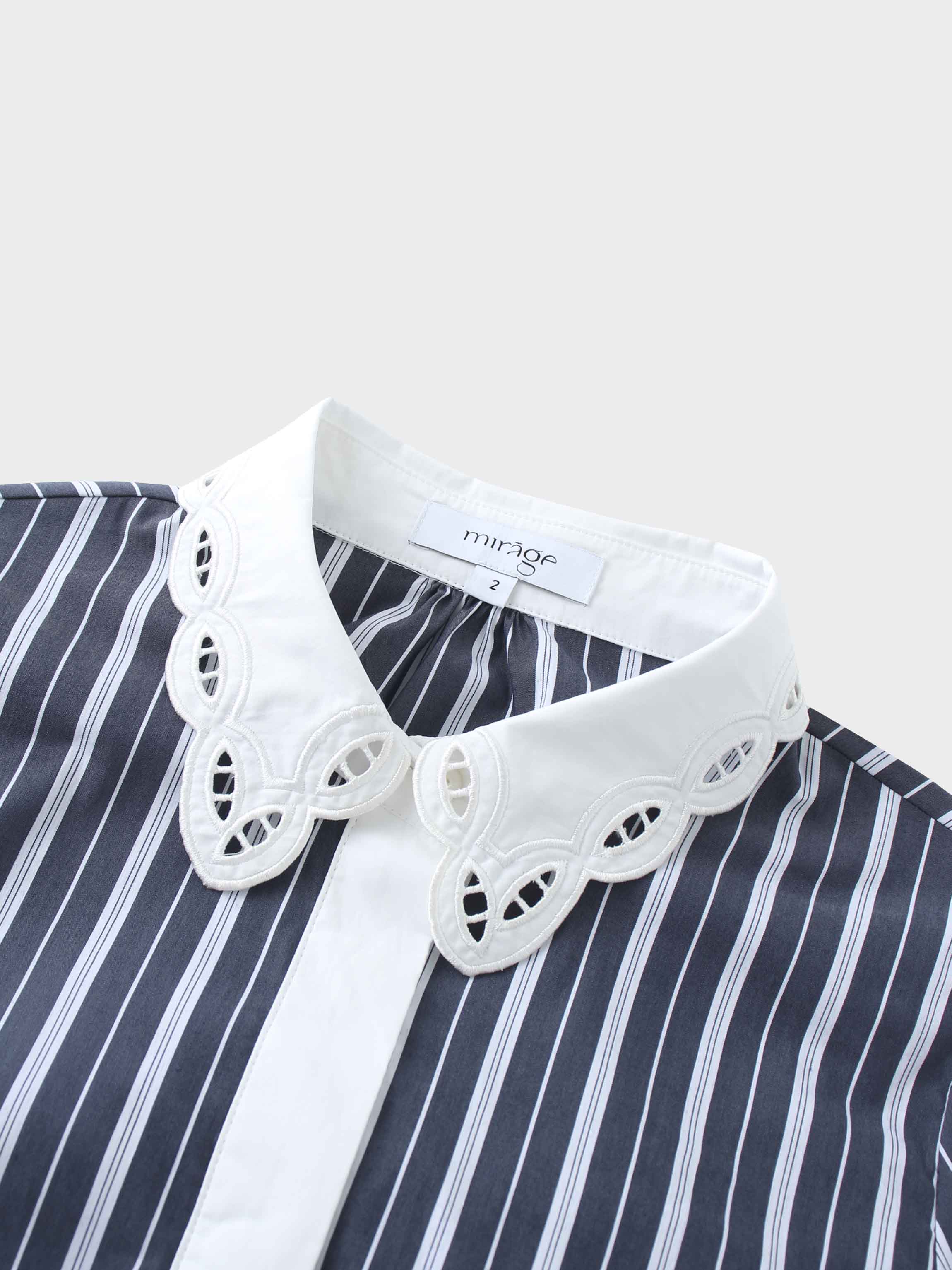 Scalloped Collar Shirtdress-Pinstripe