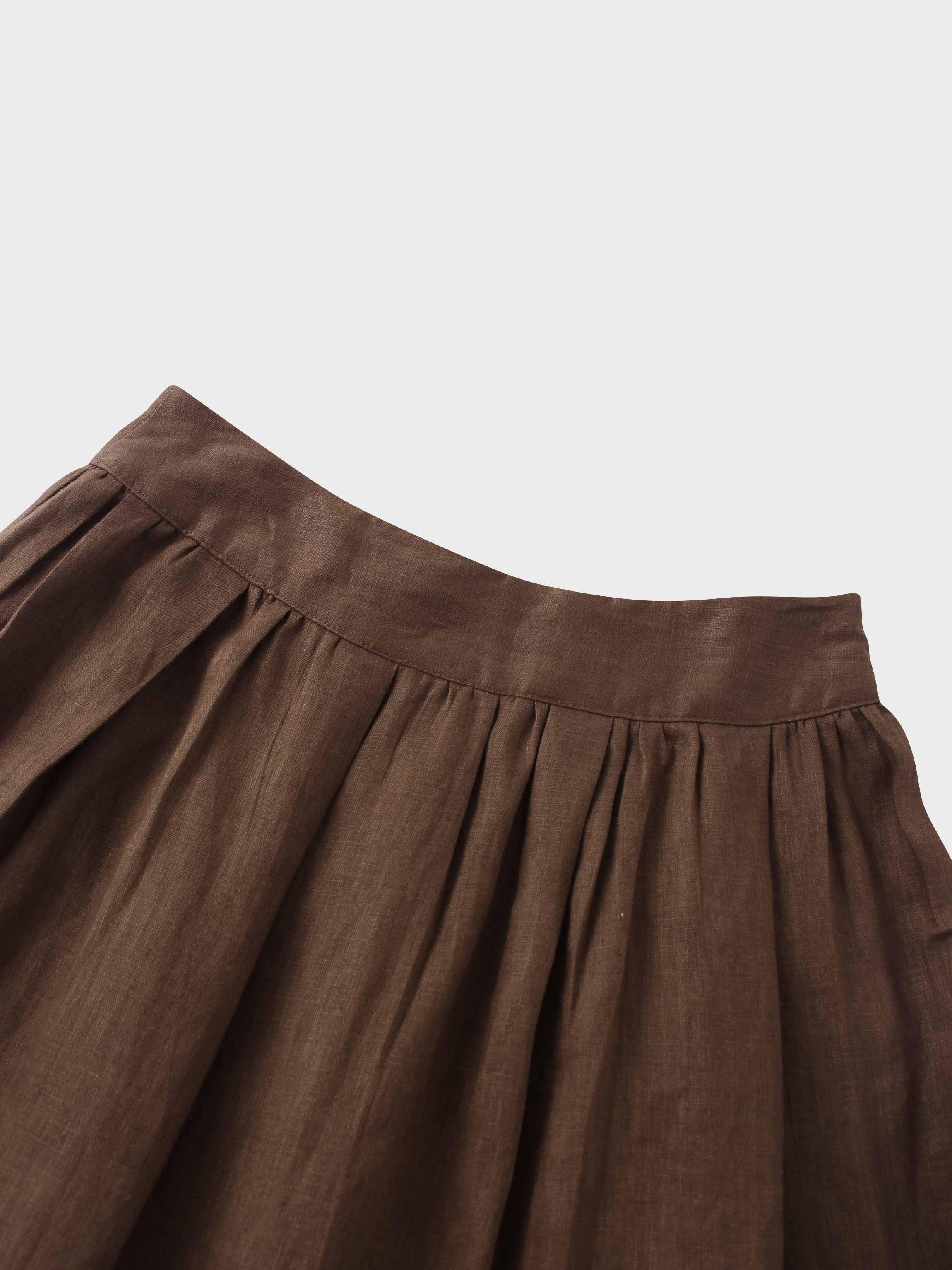 Gathered Waist Linen Skirt-Brown