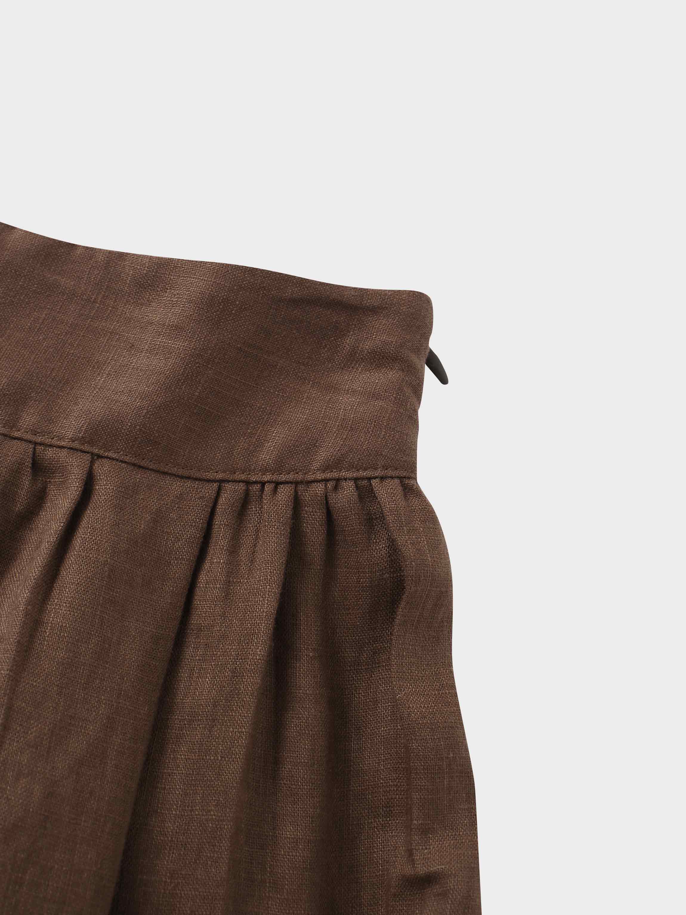 Gathered Waist Linen Skirt-Brown