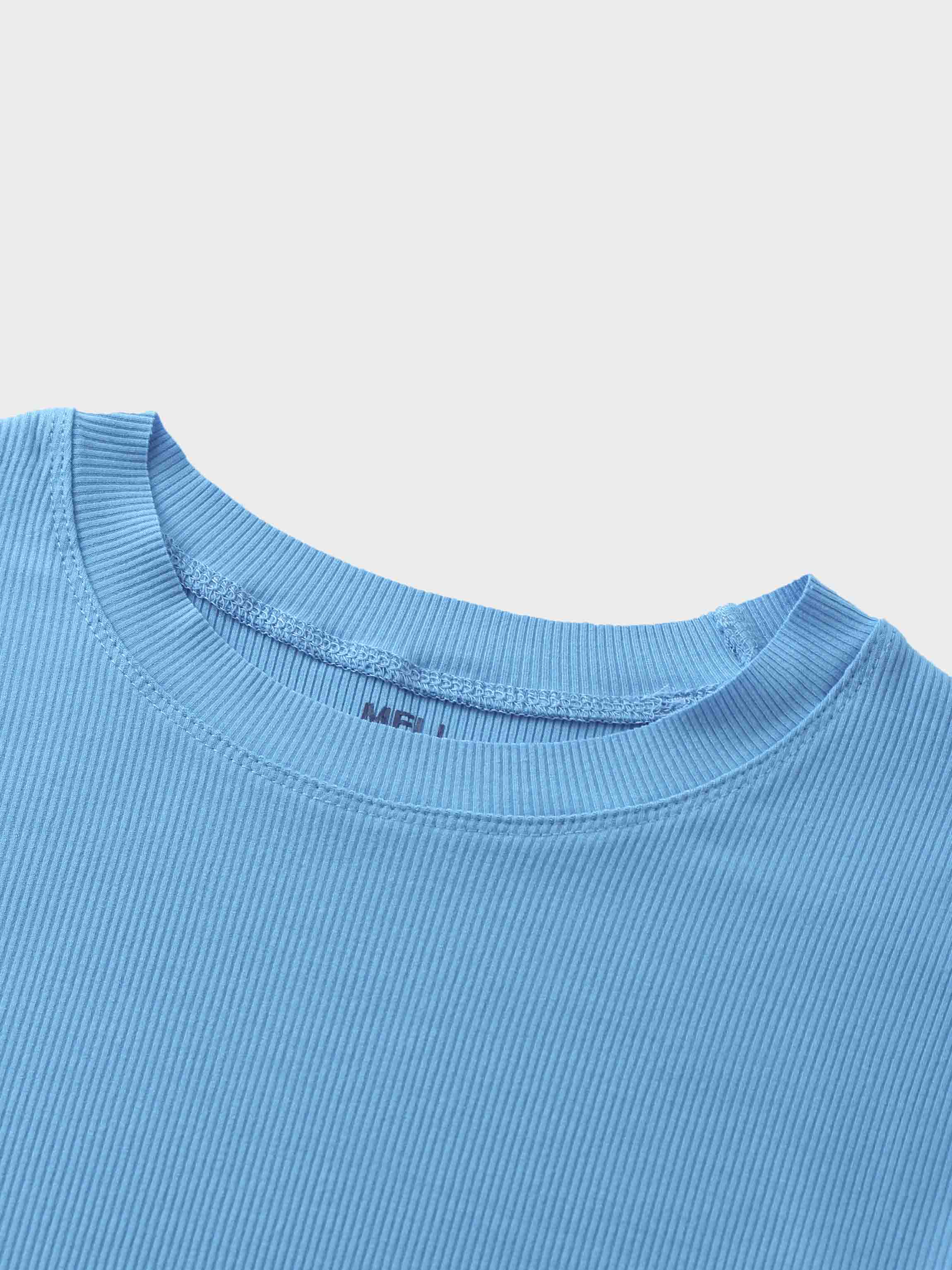 Rounded Hem Ribbed T-Shirt-Sky Blue