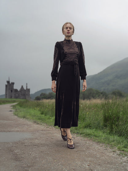 Lace Inlay Velvet Dress-Brown