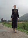 Lace Inlay Velvet Dress-Brown