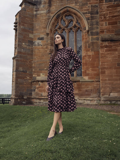 Layered Belted Dress-Brown and Pink