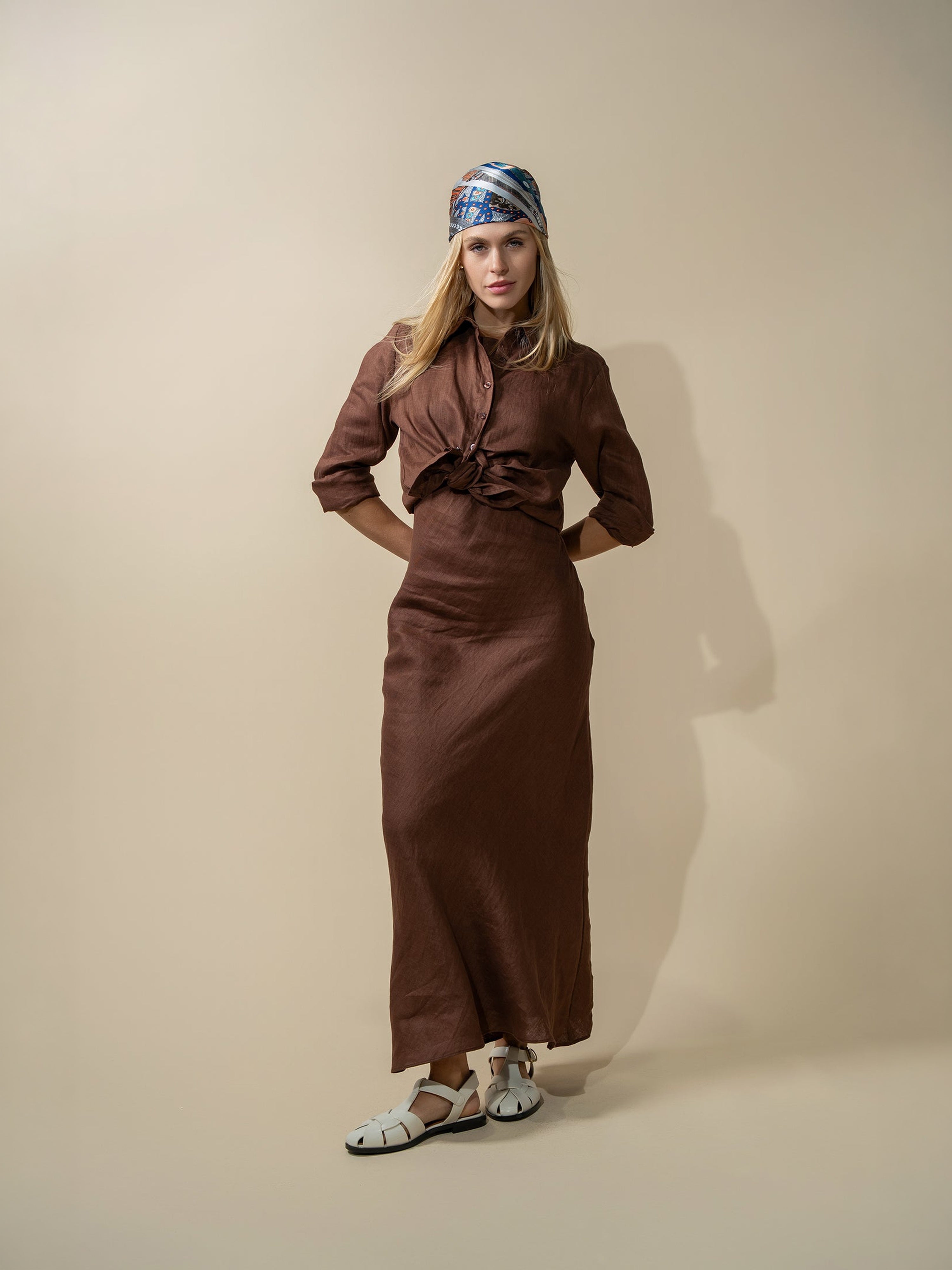 Linen A-Line Slip Dress-Brown