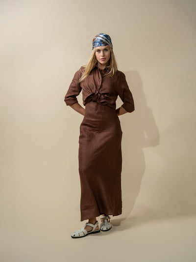 Linen A-Line Slip Dress-Brown
