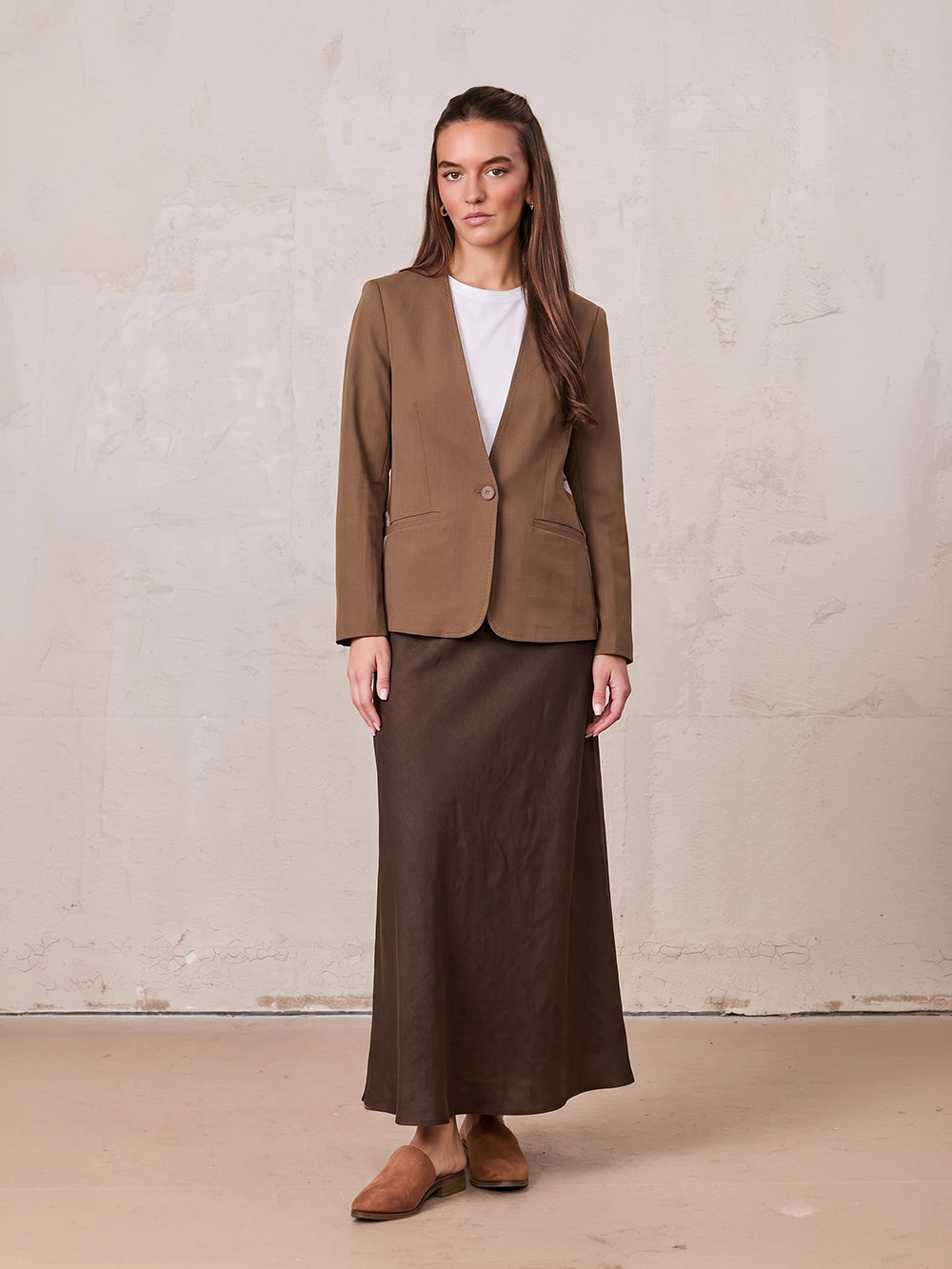Linen Slip Skirt-Brown